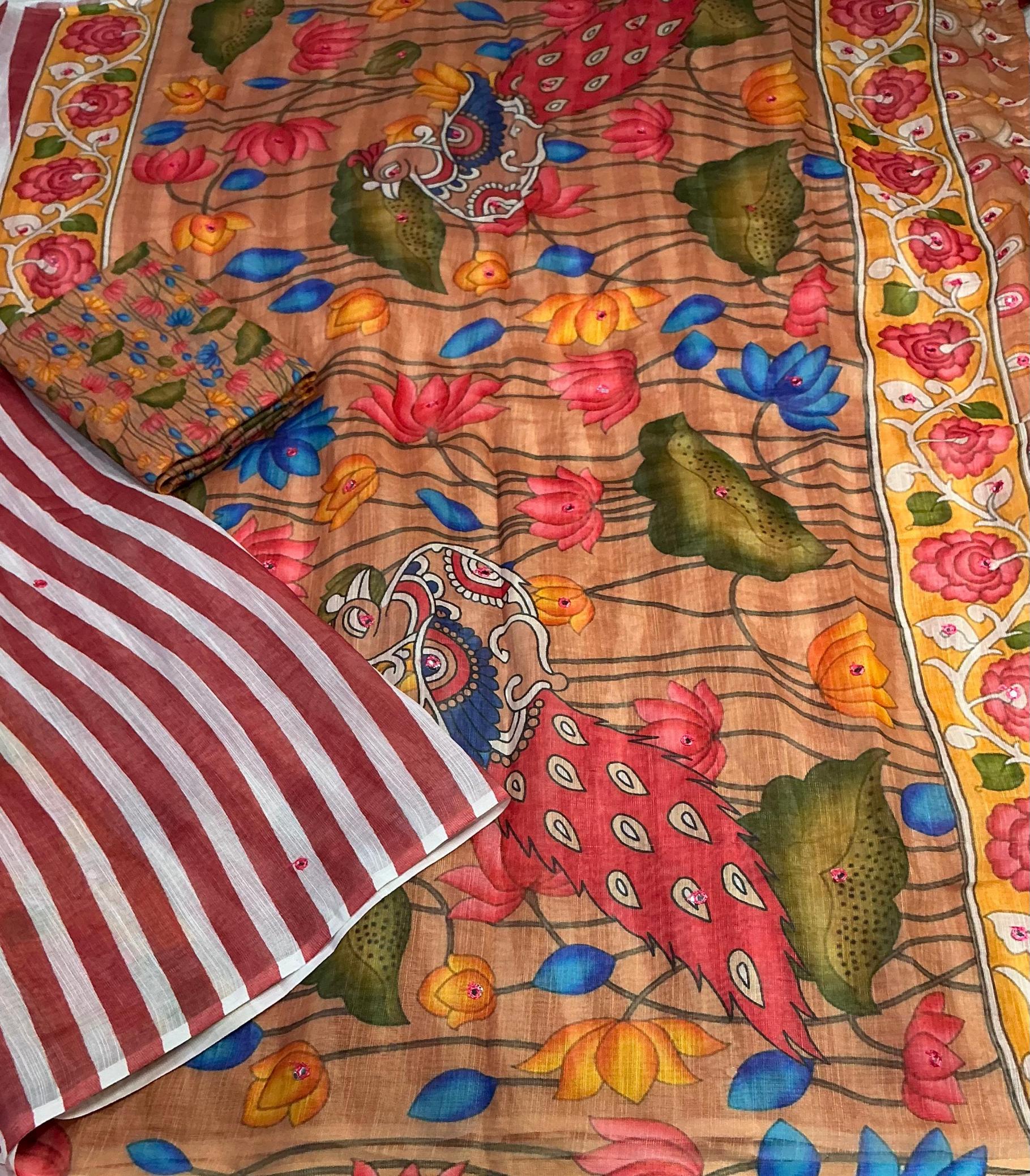 leheriya kalamkari linen cotton amazing saree exports 