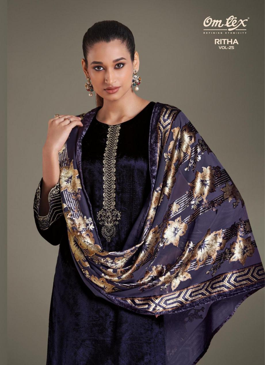 omtex launch ritha vol 25 velvet winter hit design unstitch suits 
