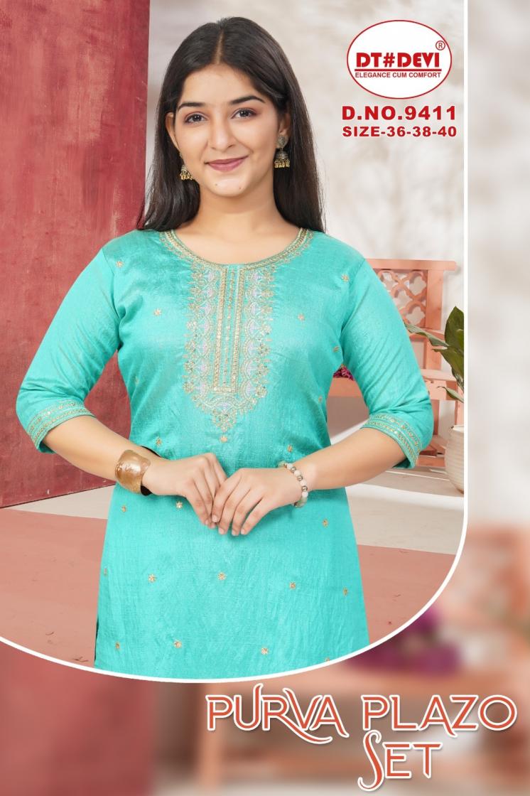 purva 9411 by dt devi vichitra silk full stitch pretty combo 3pcs plazzo dress