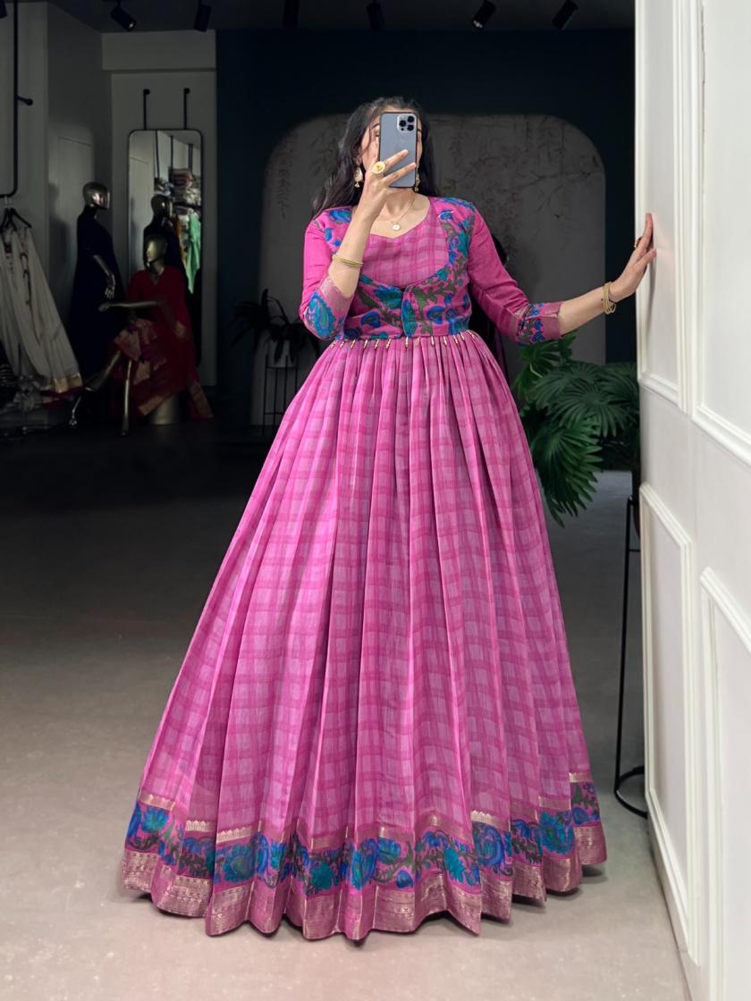 ynf5034 polyester viscose chanderi full stitch gown with koti online