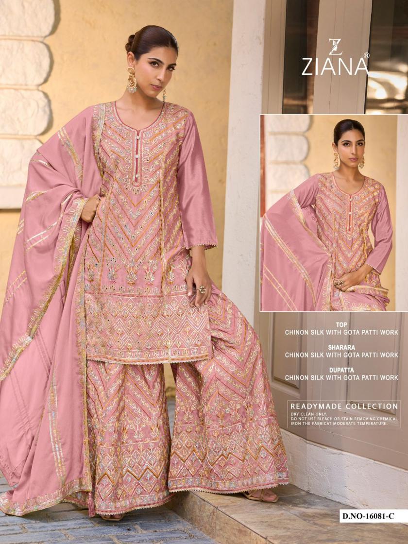 ziana 16081 chinon silk gotaa patti work readymade plazzo combo suit 