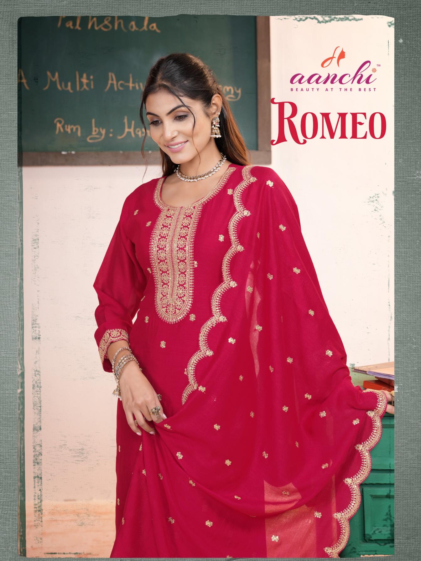 aanchi launch romeo vichitra silk fully stitch pretty 3pcs dress
