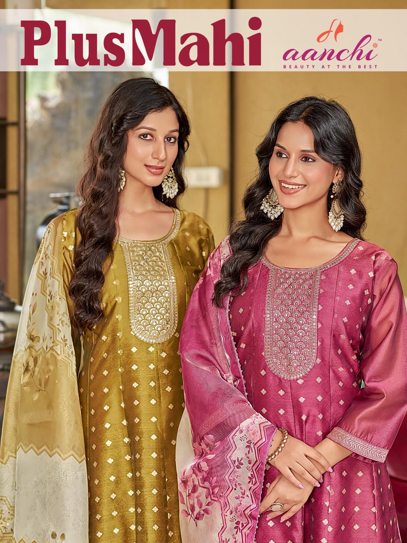 aanchi plus mahi shimmer jacquard readymade pretty look combo 3pcs dress