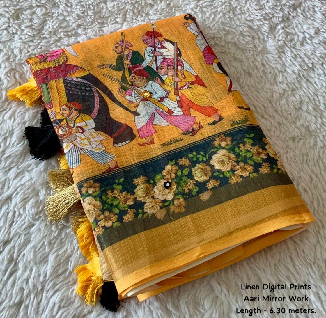 baarati linen cotton aari mirror work summer beauty saree