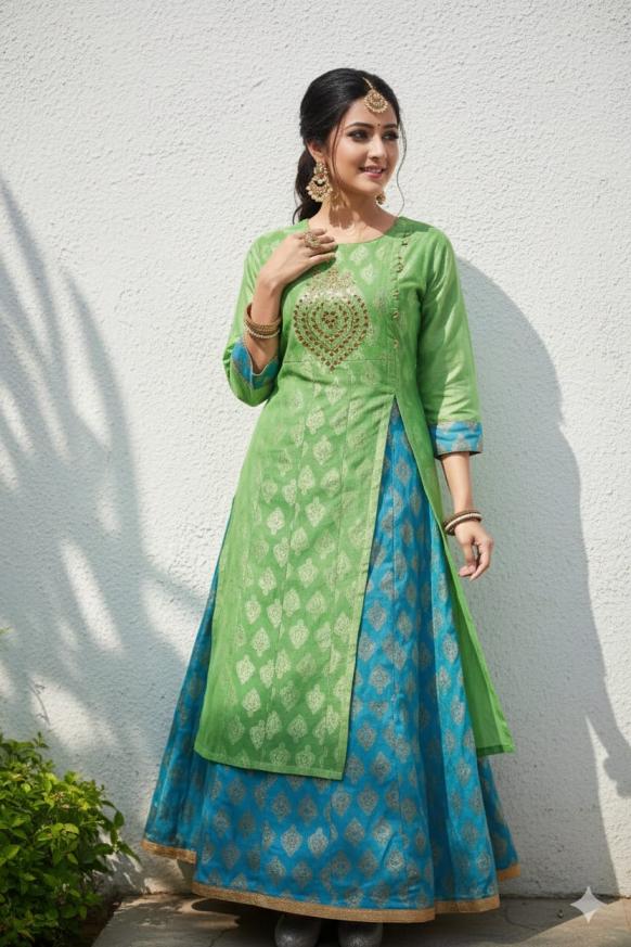 desi girl attractive look art or raw silk readymade big size kurti with skirt 