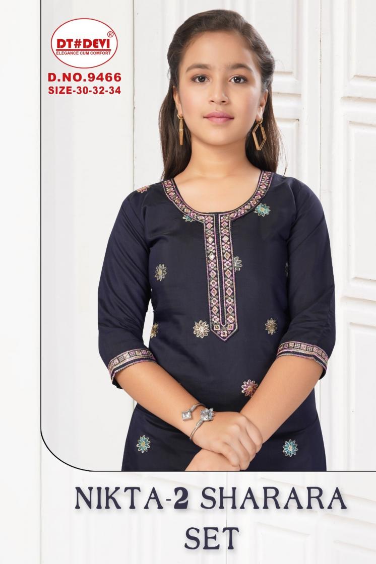 dt devi nikta vol 2 roman silk 9466 readymade party wear kids combo sharara dress