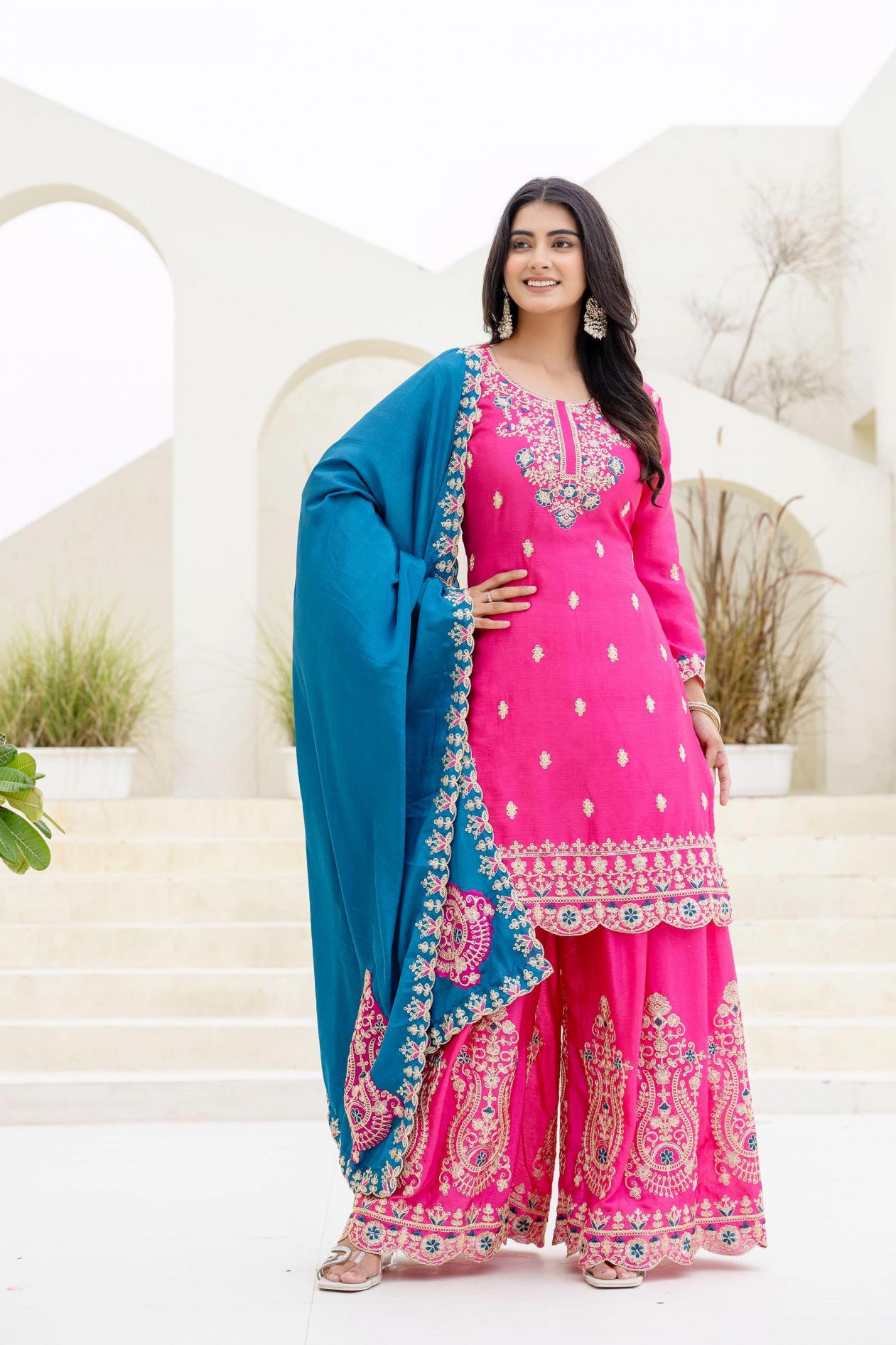 dvd 5129 chinon silk embroidered readymade plazzo suits 