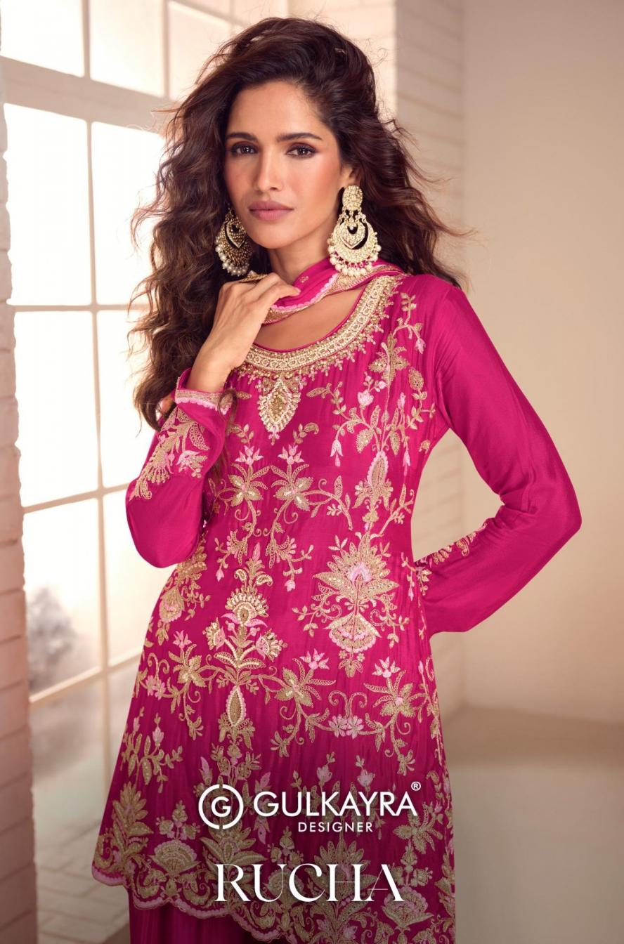 gulkayra designer rucha chinon party wear full stitch plazzo suits 