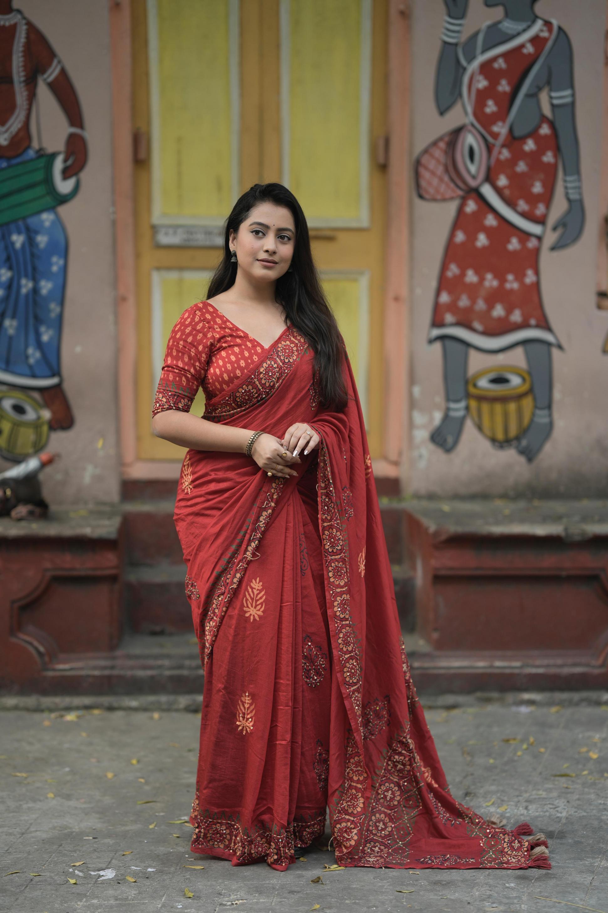 kc 521 red chanderi cotton ajrakh print saree