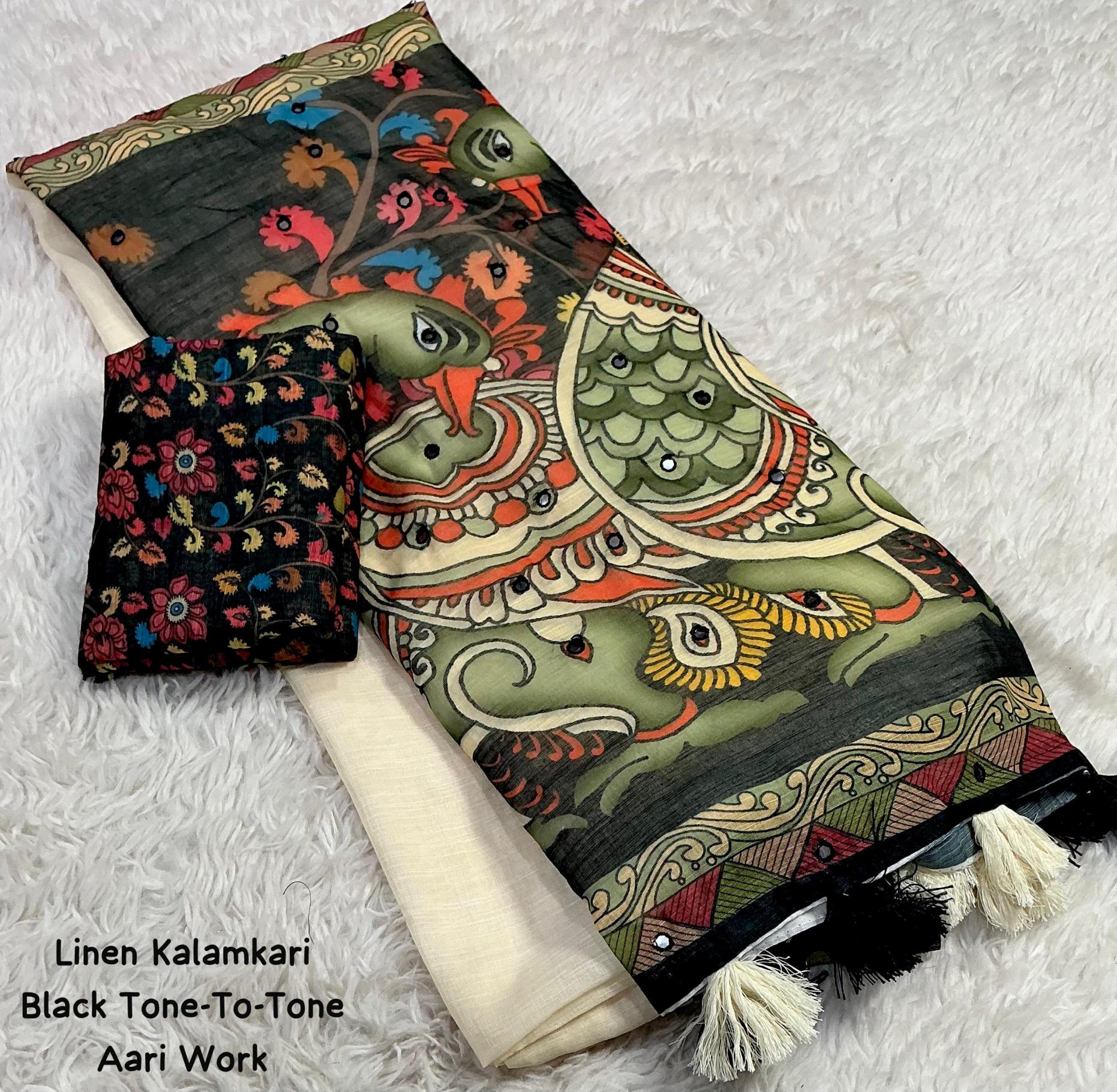 linen two tone trending kalamkari stylish look sarees 