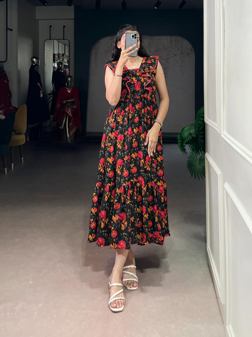 nnk4506 muslin silk floral print readymade pretty long kurtis online 