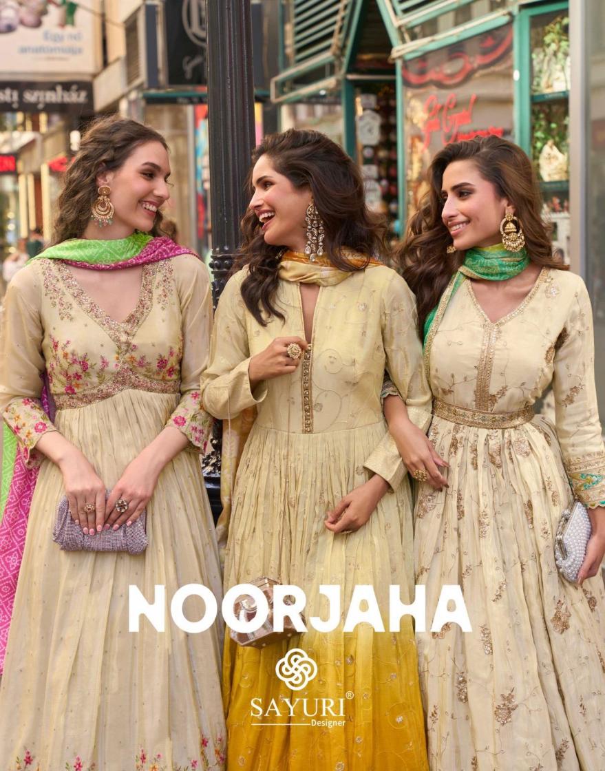 noorjaha by sayuri designer simar silk readymade fashionable gown with dupatta 