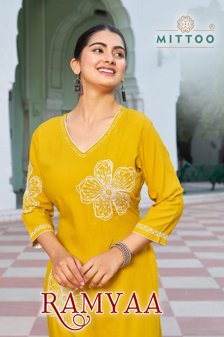 ramyaa by mittoo rayon pretty look full stitch kurti with plazzo 