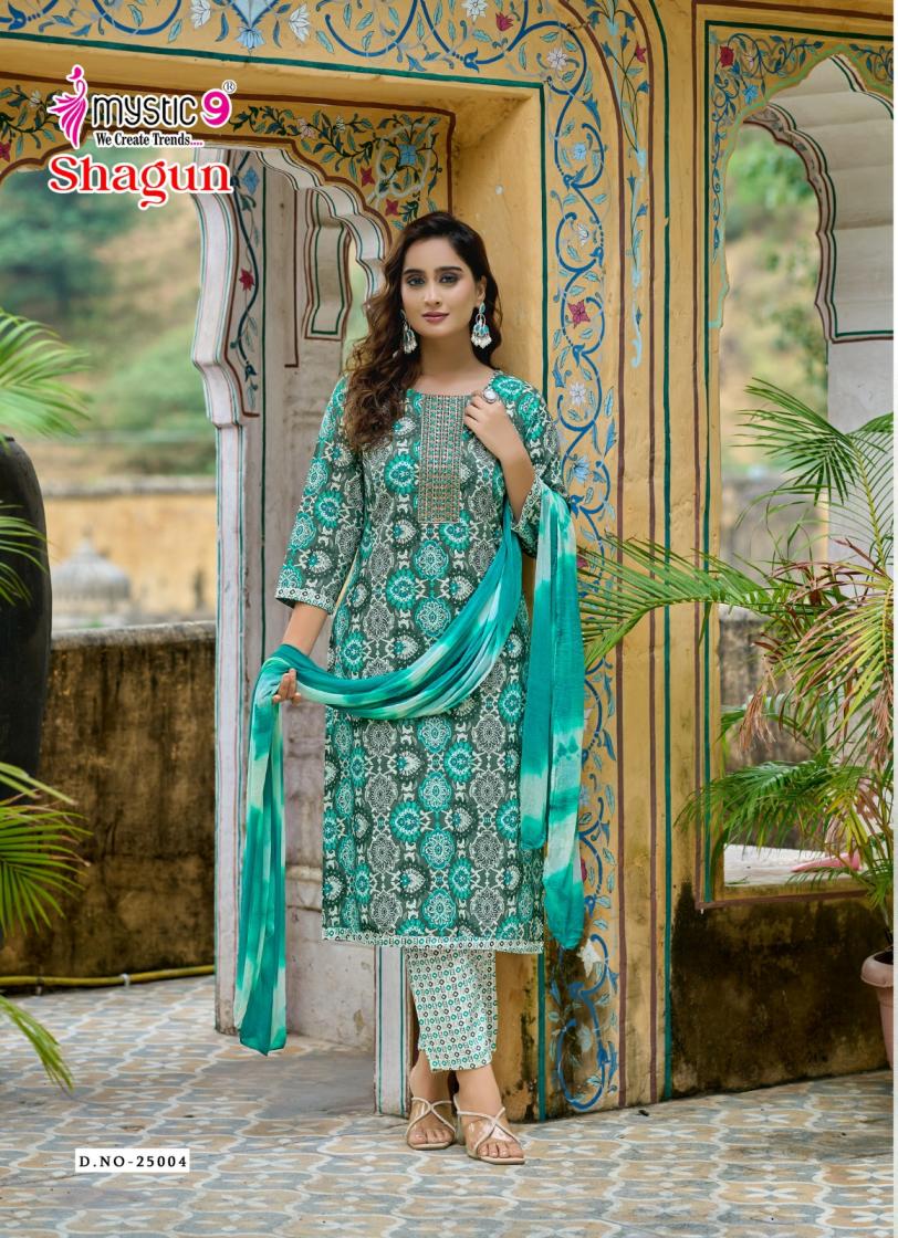 shagun vol 25 mystic9 rayon capsule fully stitch unique 3pcs dress