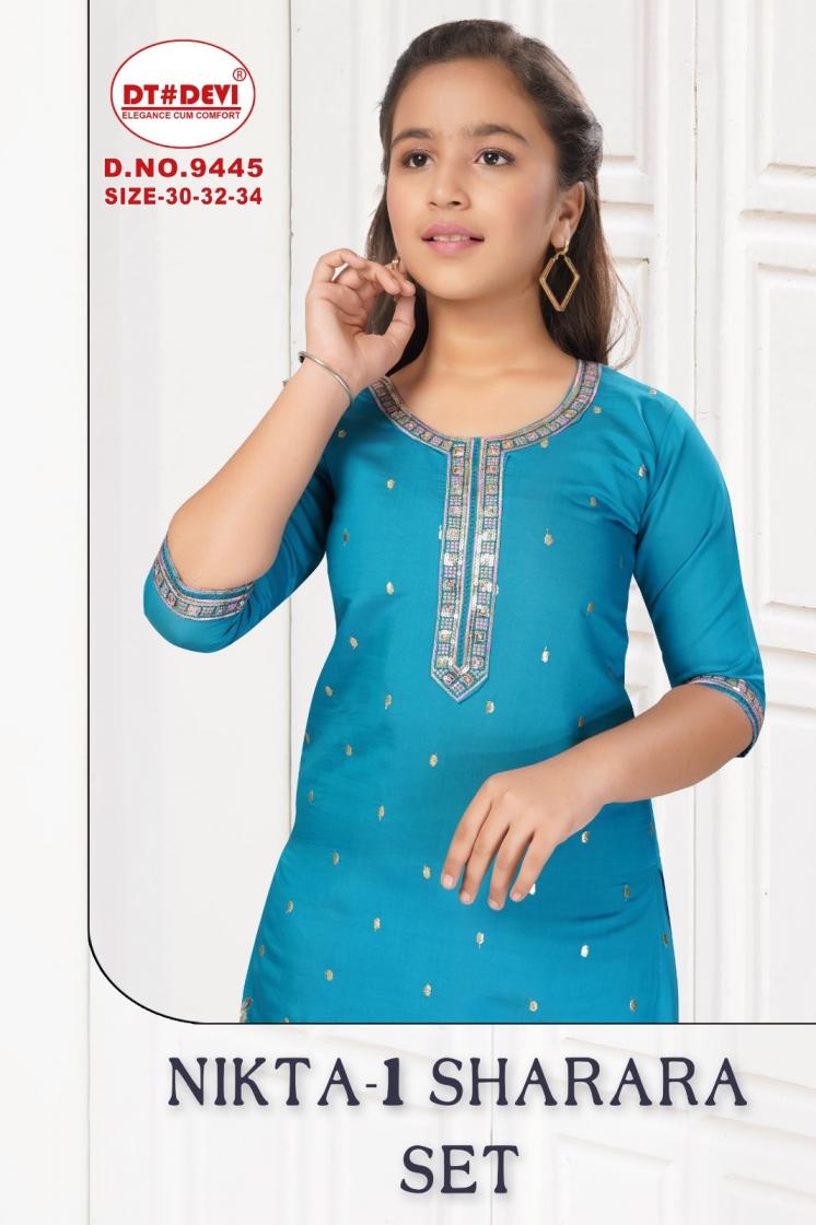 dt devi nikta vol 1 readymade roman silk 9445 combo kids sharara dress