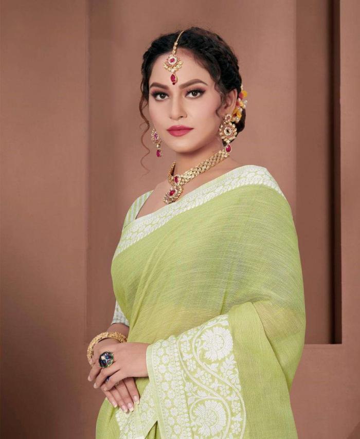 Glossy by astita fancy designer linen fabric saree with Lakhnavi Bordar wholesale saree with latkan 