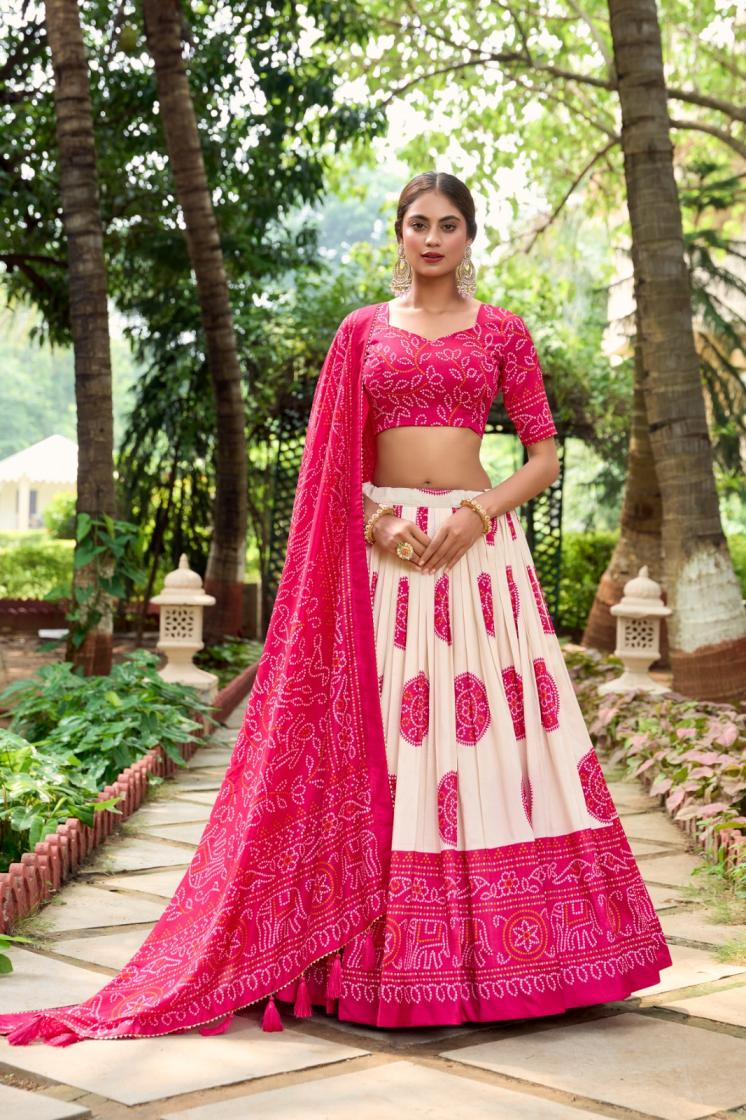 lnb1229 tassar silk bandhej print stitch lehenga unstitch blouse with dupatta 