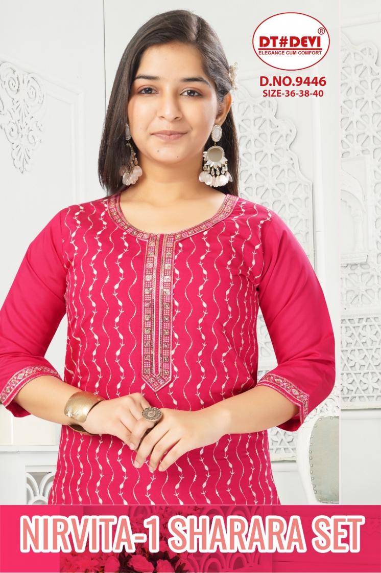 nirvita vol 1 by dt devi fully stitch roman silk 9446 combo kids sharara suit