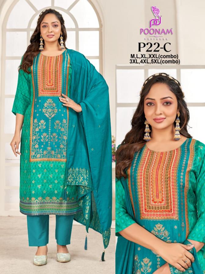 p22 by poonam designer dola silk jacquard full stitch combo 3pcs dress