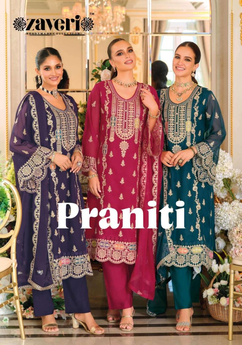 praniti by zaveri fully stitch organza emboidery work suit for womens