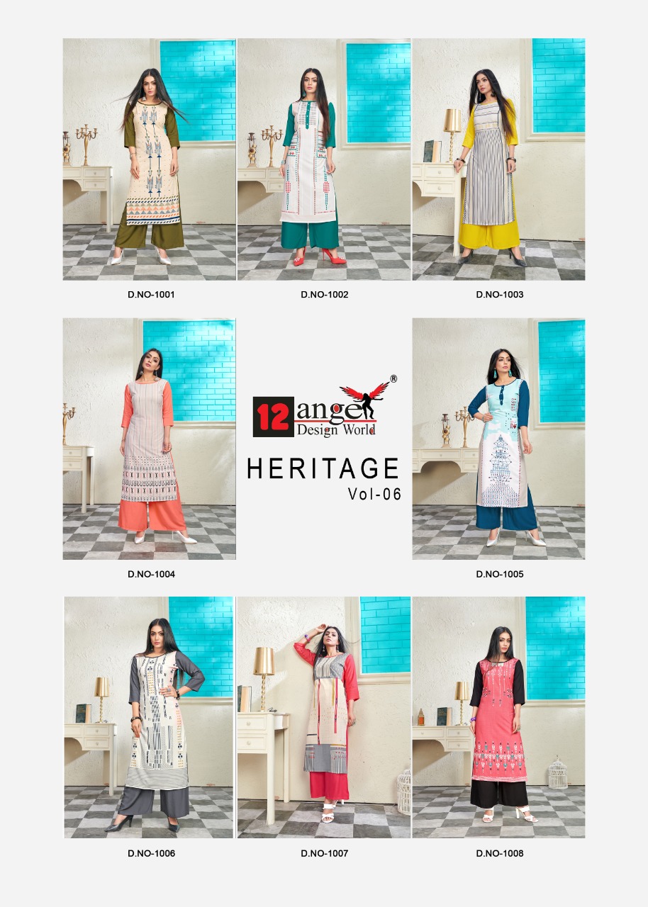 12angel Present Heritage Vol 6 Rayon Printed Kurti With Plazzo Wholesaler