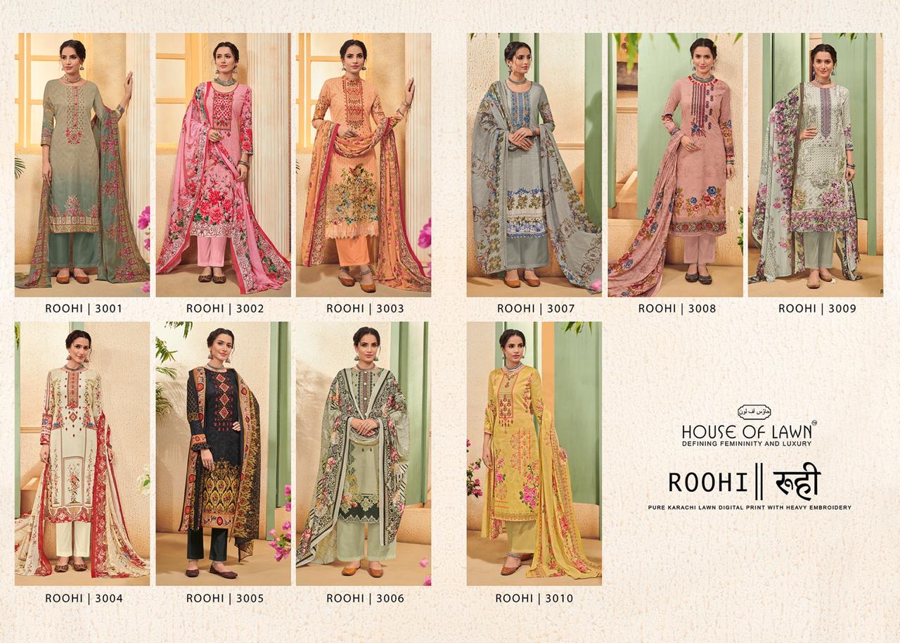 House Of Lawn Roohi Jam Satin Designer 3001-3010 Series Suit In Surat Market