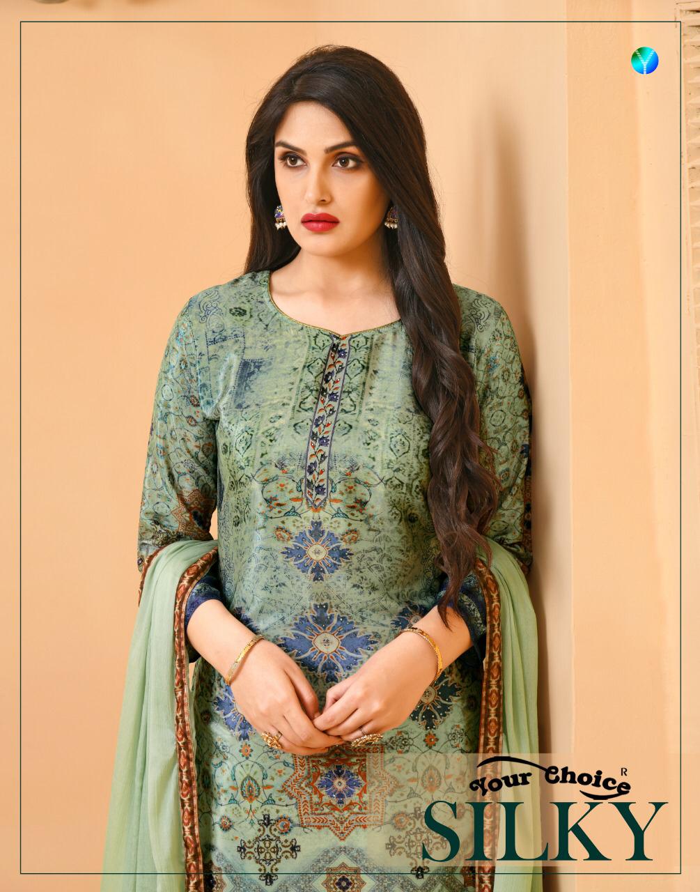 Your Choice Silky Digital Print Silk Crap Patiyala Style Suit In Surat Market