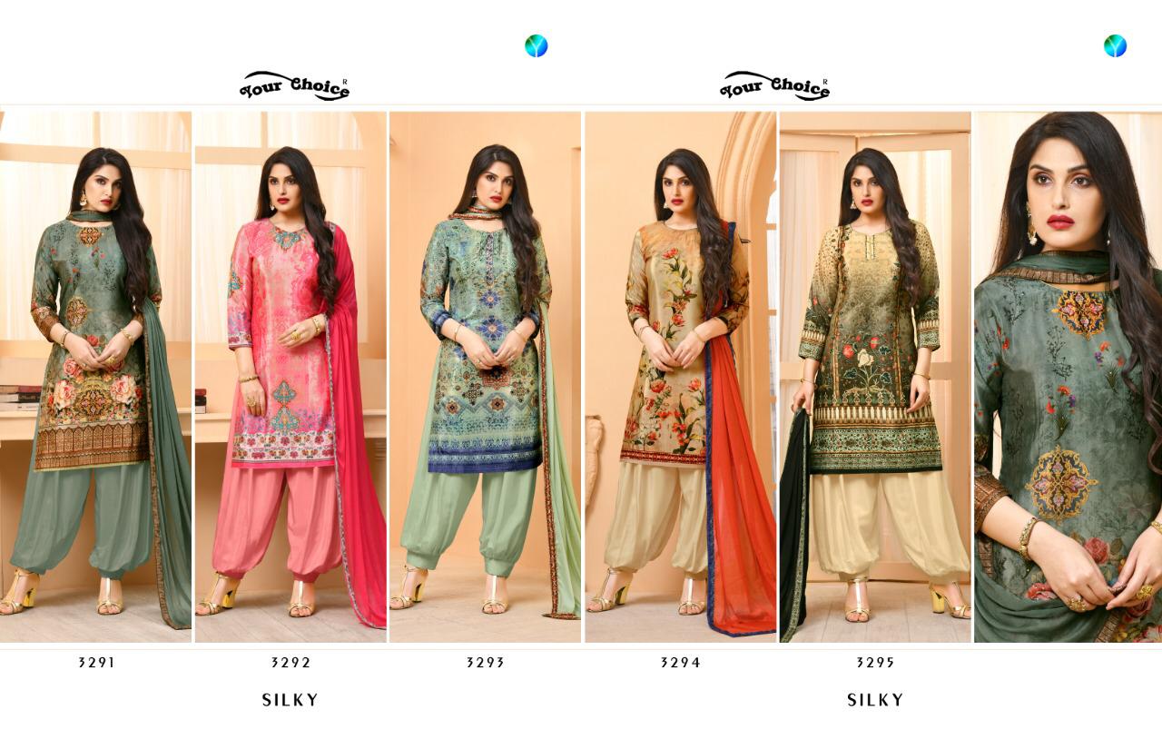 Your Choice Silky Digital Print Silk Crap Patiyala Style Suit In Surat Market