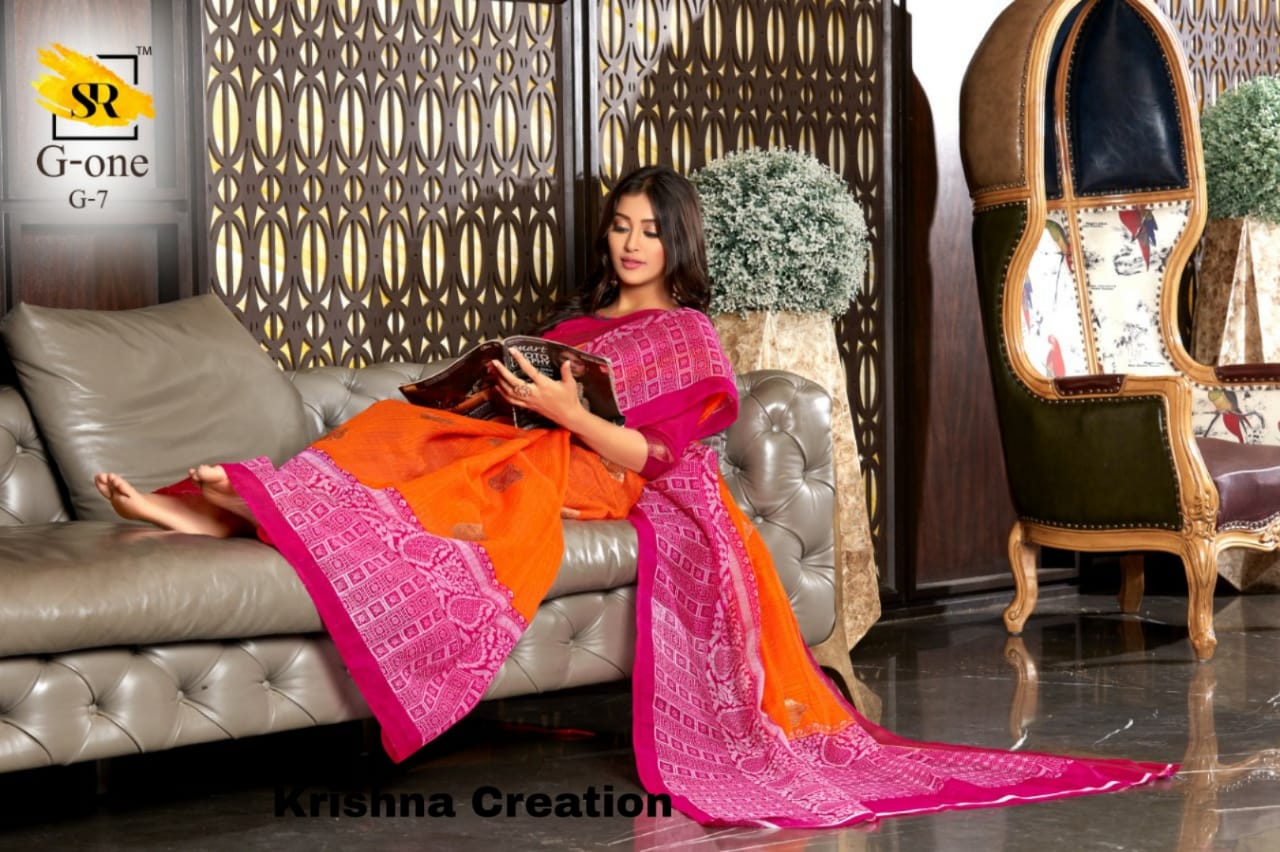 Sr Brand Launch G One Cotton Fancy Fabrics Sarees Authorized Supplier In Surat