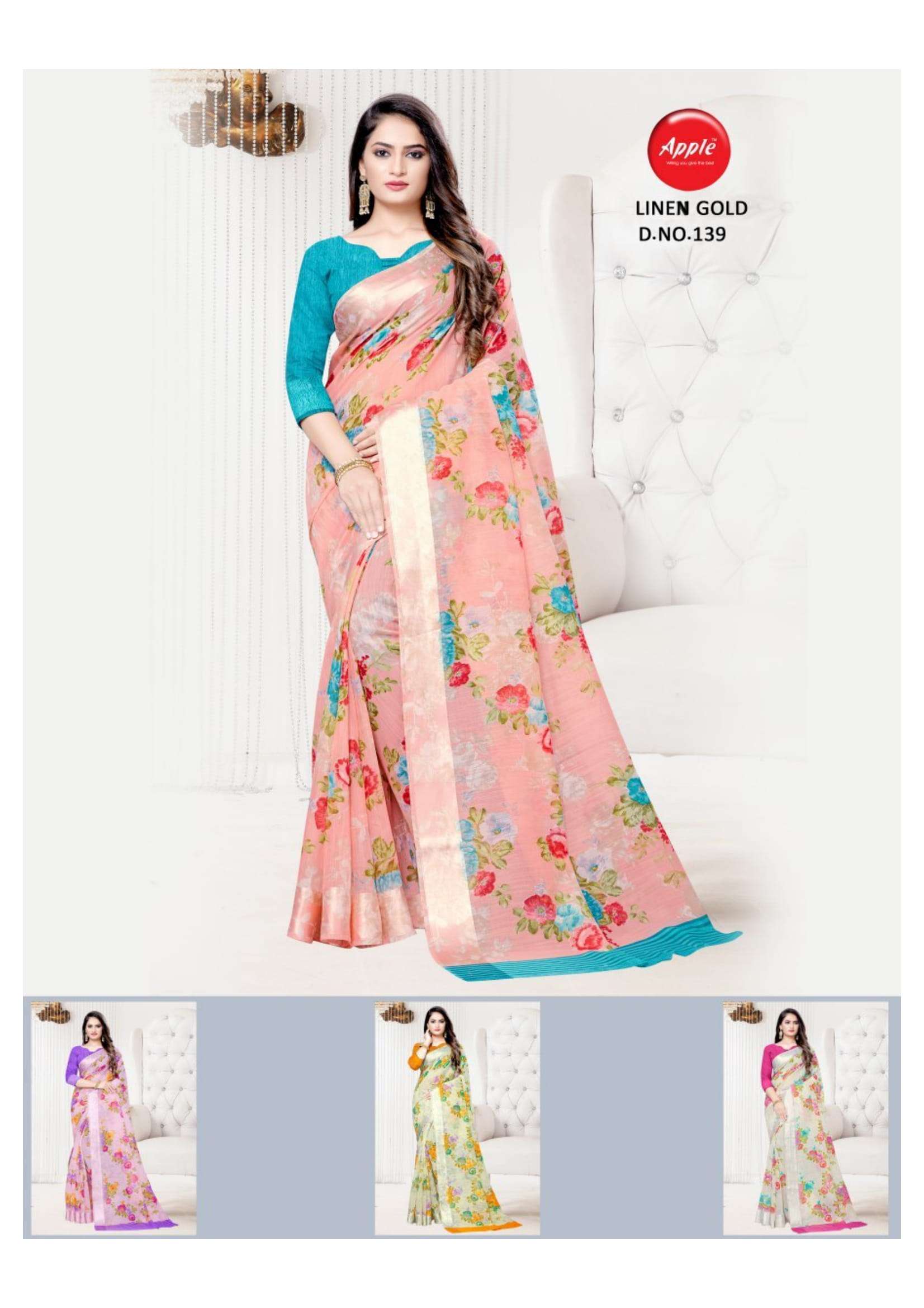 Apple Saree Linen Gold Color Matching Beautiful Designs Collection At Best Place In Surat