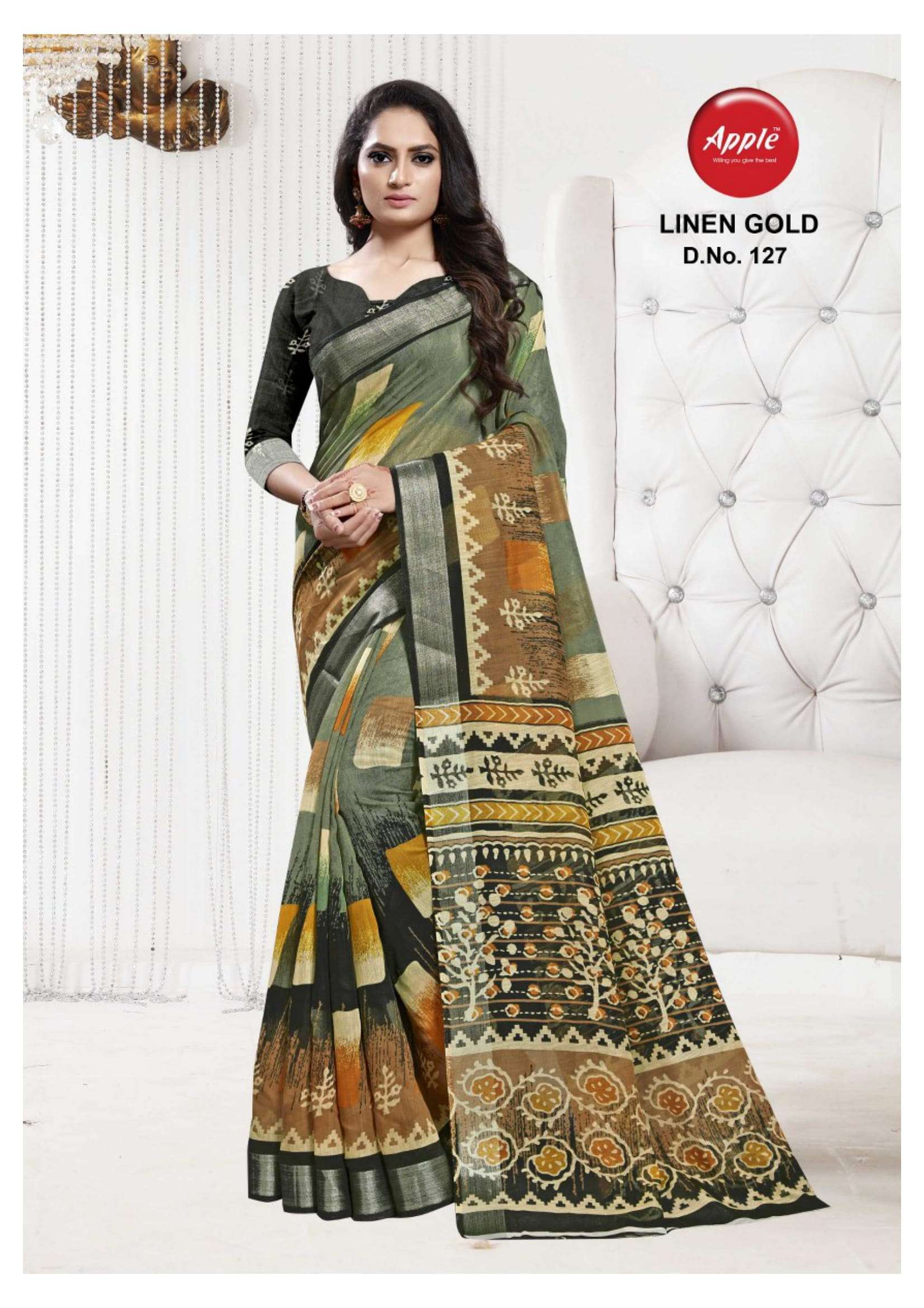 Apple Saree Linen Gold Color Matching Beautiful Designs Collection At Best Place In Surat