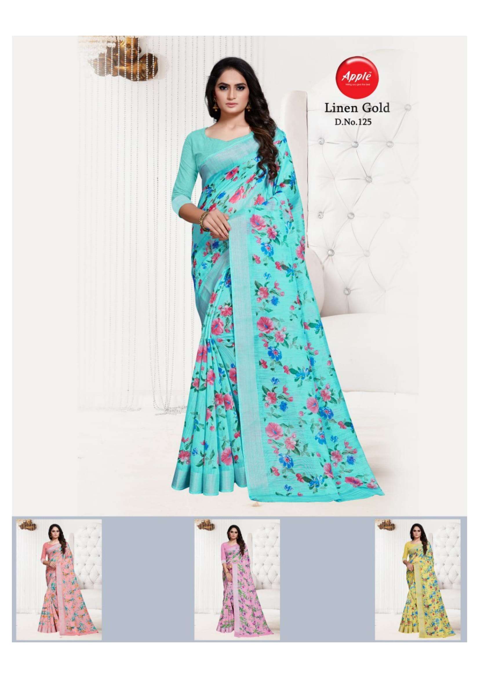 Apple Saree Linen Gold Color Matching Beautiful Designs Collection At Best Place In Surat