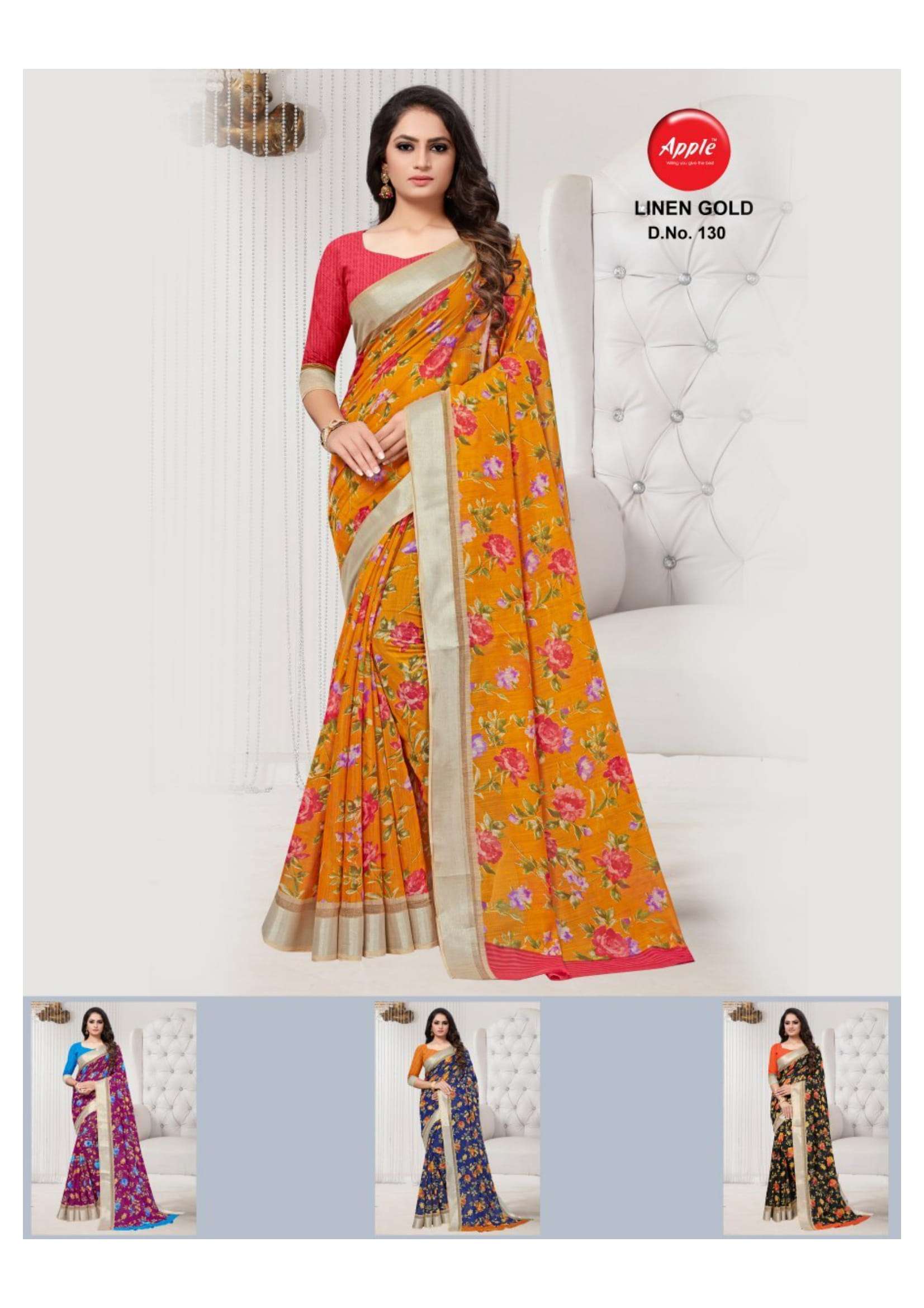 Apple Saree Linen Gold Color Matching Beautiful Designs Collection At Best Place In Surat
