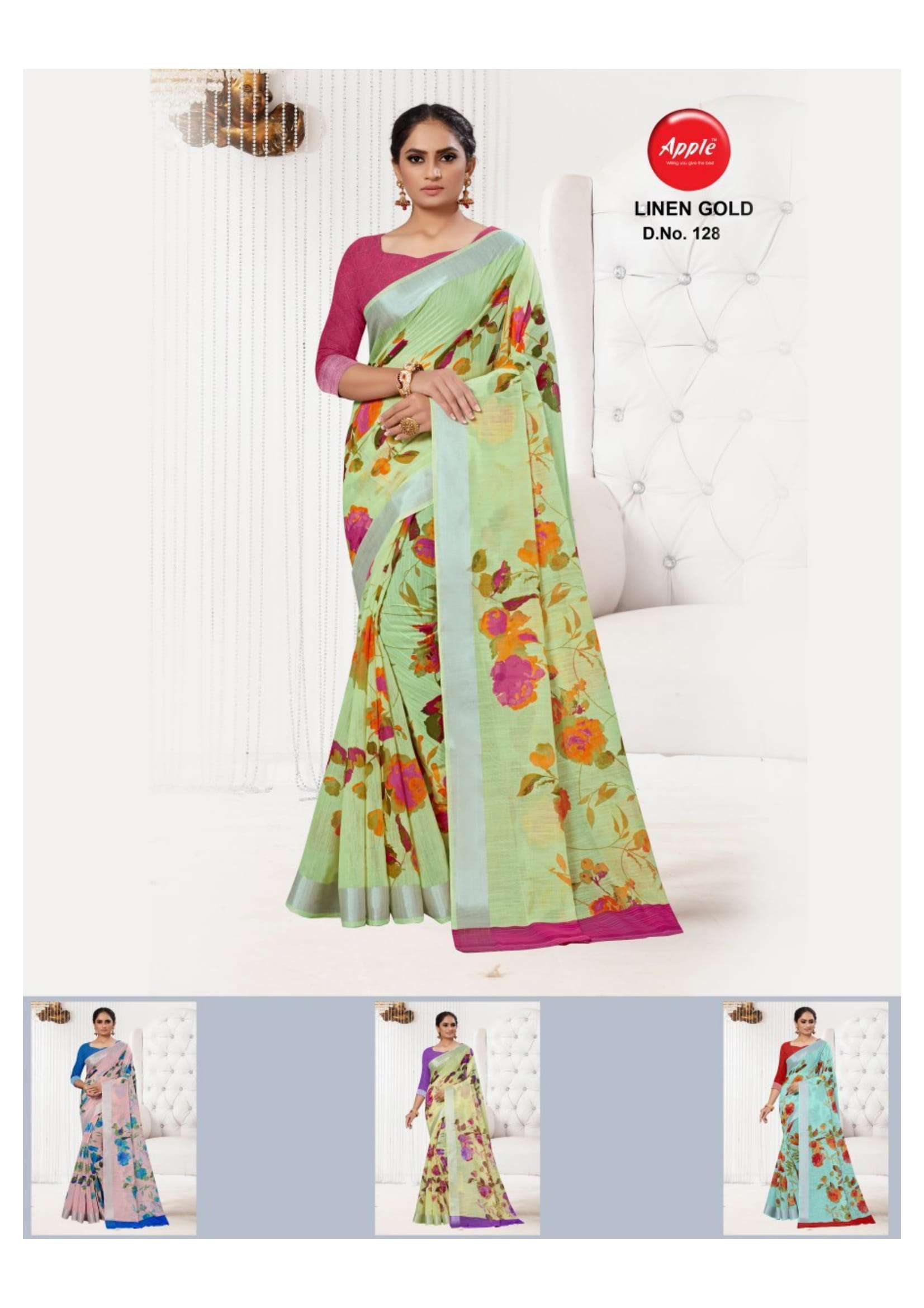 Apple Saree Linen Gold Color Matching Beautiful Designs Collection At Best Place In Surat