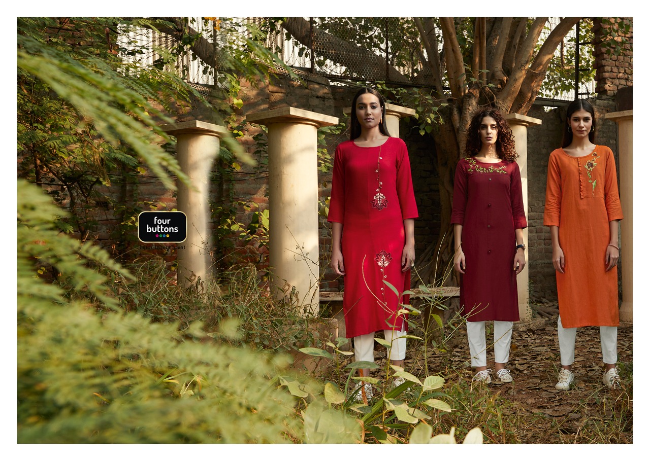 Four Buttons Colors Vol 6 Viscose Flex On Embroidery Kurti Wholesaler