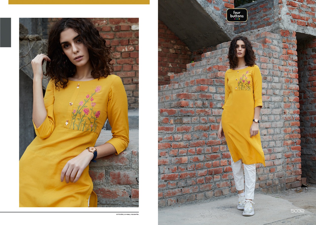 Four Buttons Colors Vol 6 Viscose Flex On Embroidery Kurti Wholesaler