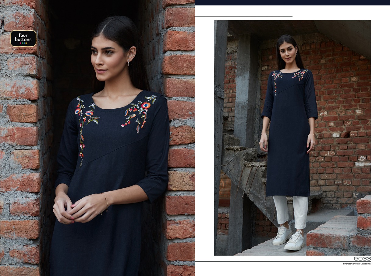 Four Buttons Colors Vol 6 Viscose Flex On Embroidery Kurti Wholesaler