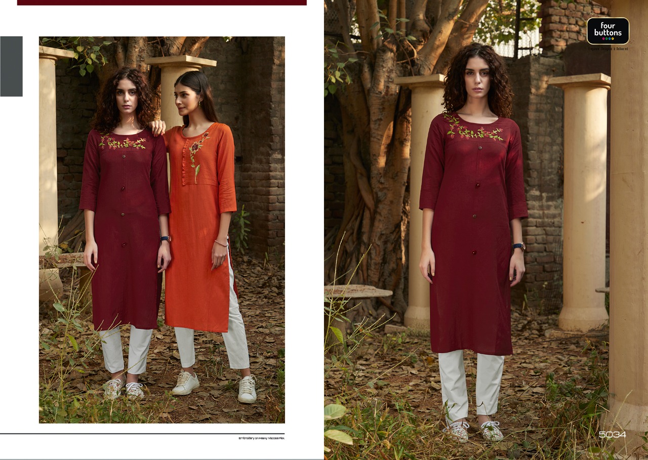 Four Buttons Colors Vol 6 Viscose Flex On Embroidery Kurti Wholesaler