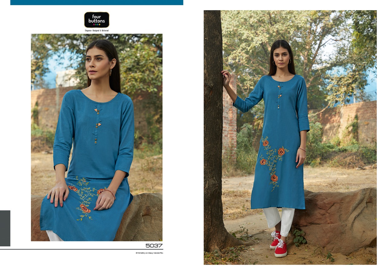 Four Buttons Colors Vol 6 Viscose Flex On Embroidery Kurti Wholesaler