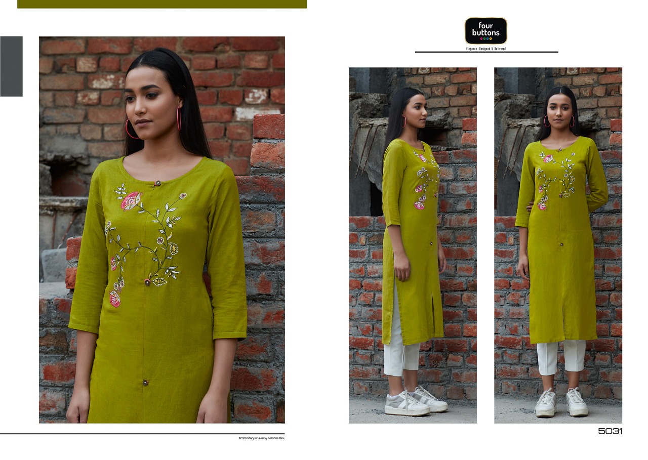 Four Buttons Colors Vol 6 Viscose Flex On Embroidery Kurti Wholesaler