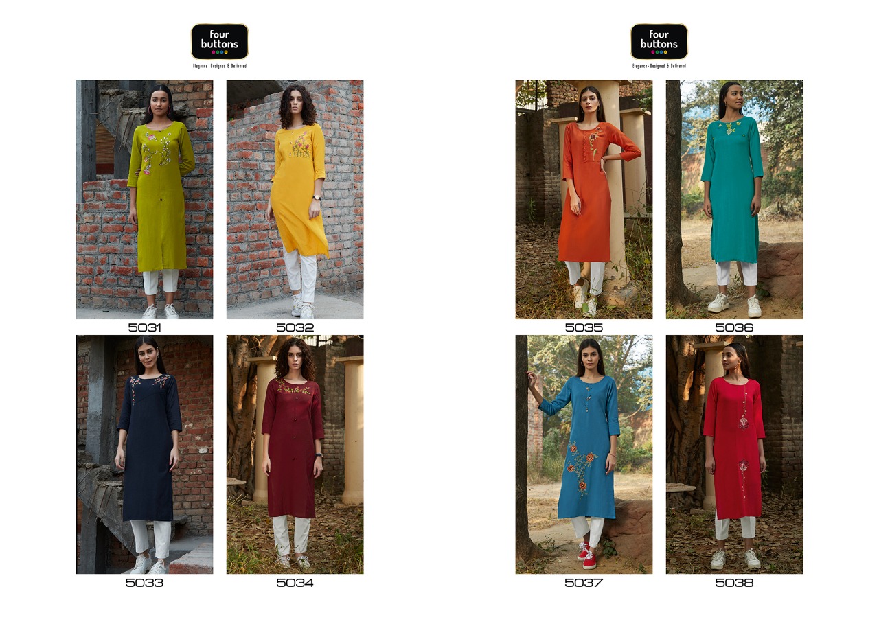 Four Buttons Colors Vol 6 Viscose Flex On Embroidery Kurti Wholesaler