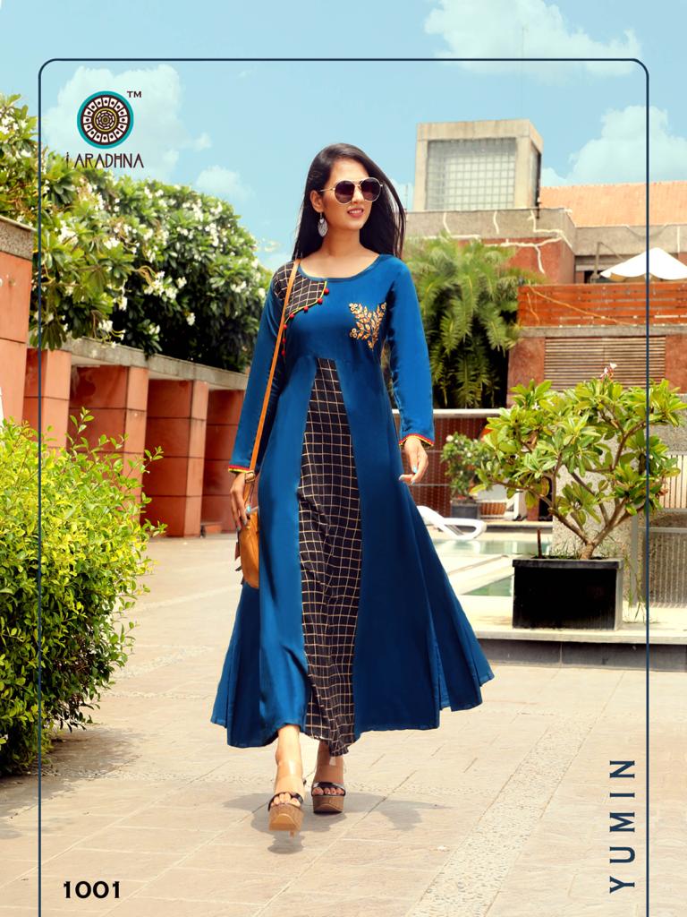 Navy blue Indo Western Kurti with Embroidered Viscose  KTI1290
