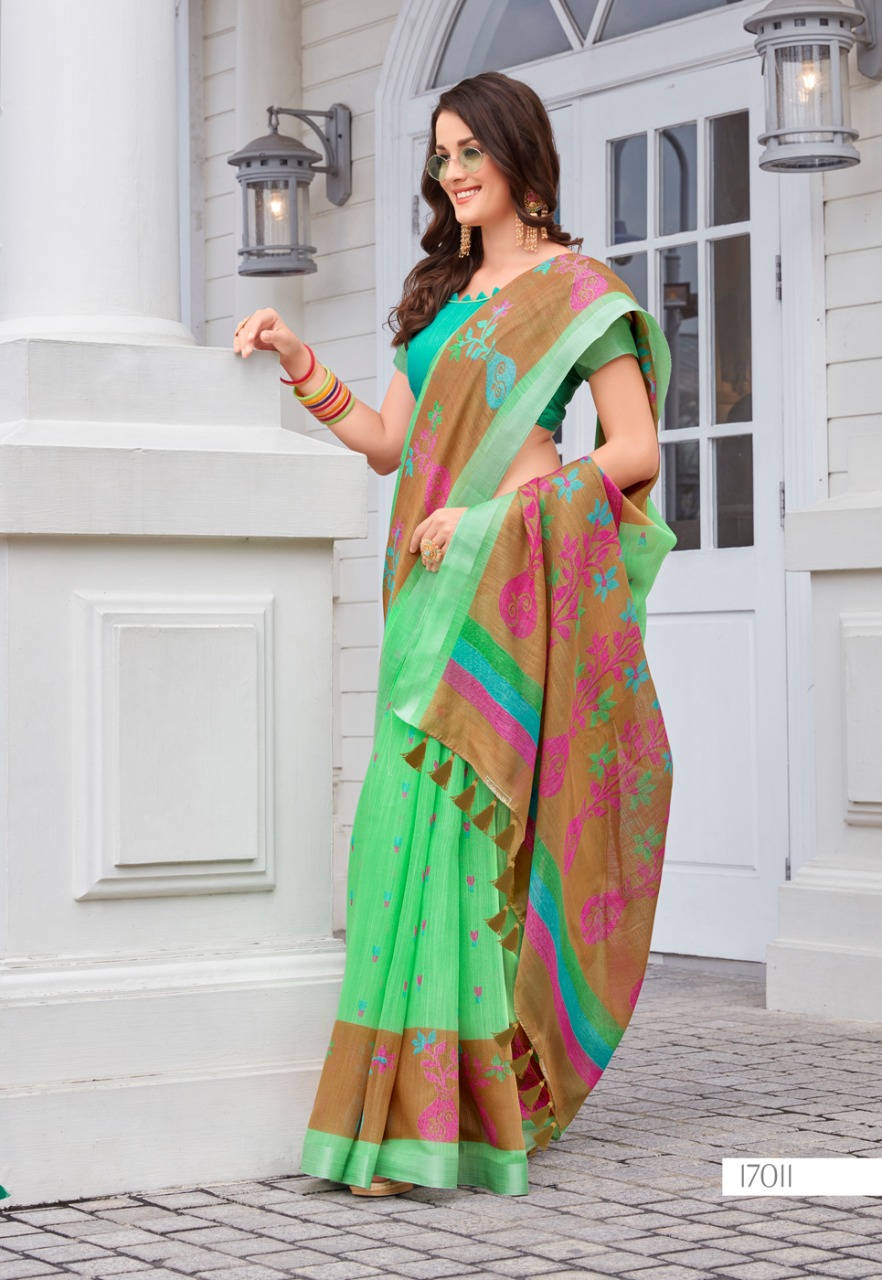 Sonia Silks Present Ikkat Pattu Part 1 Cotton Linen With Silver Jari Border Saree Authorized Seller