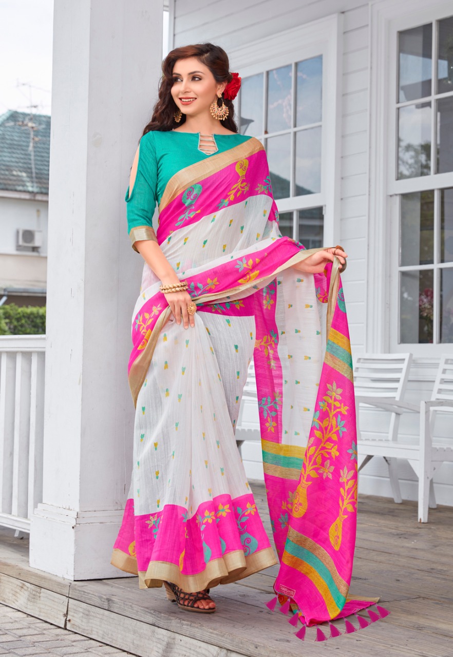 Sonia Silks Present Ikkat Pattu Part 1 Cotton Linen With Silver Jari Border Saree Authorized Seller