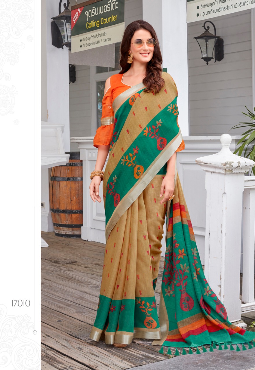 Sonia Silks Present Ikkat Pattu Part 1 Cotton Linen With Silver Jari Border Saree Authorized Seller