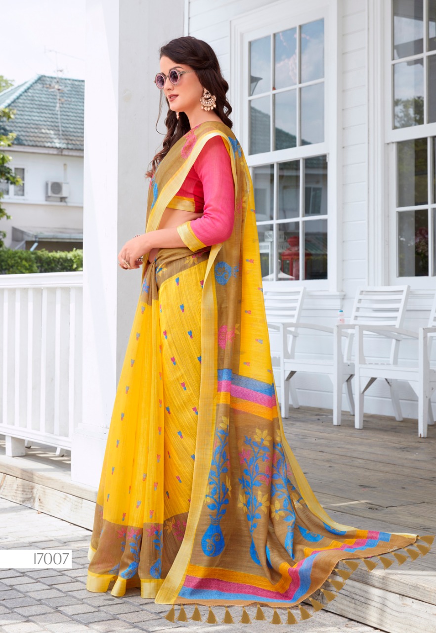 Sonia Silks Present Ikkat Pattu Part 1 Cotton Linen With Silver Jari Border Saree Authorized Seller