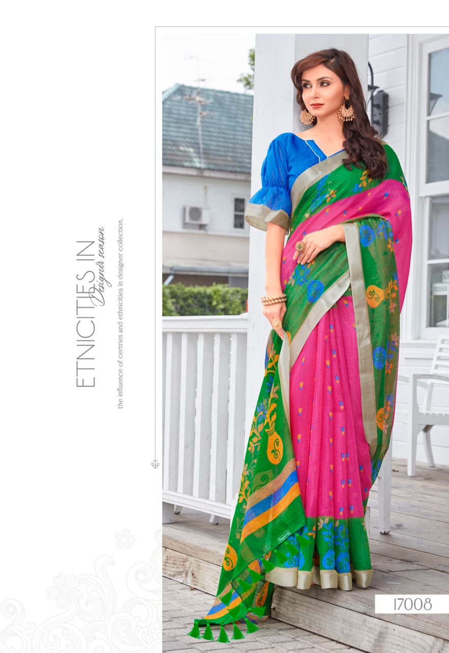 Sonia Silks Present Ikkat Pattu Part 1 Cotton Linen With Silver Jari Border Saree Authorized Seller