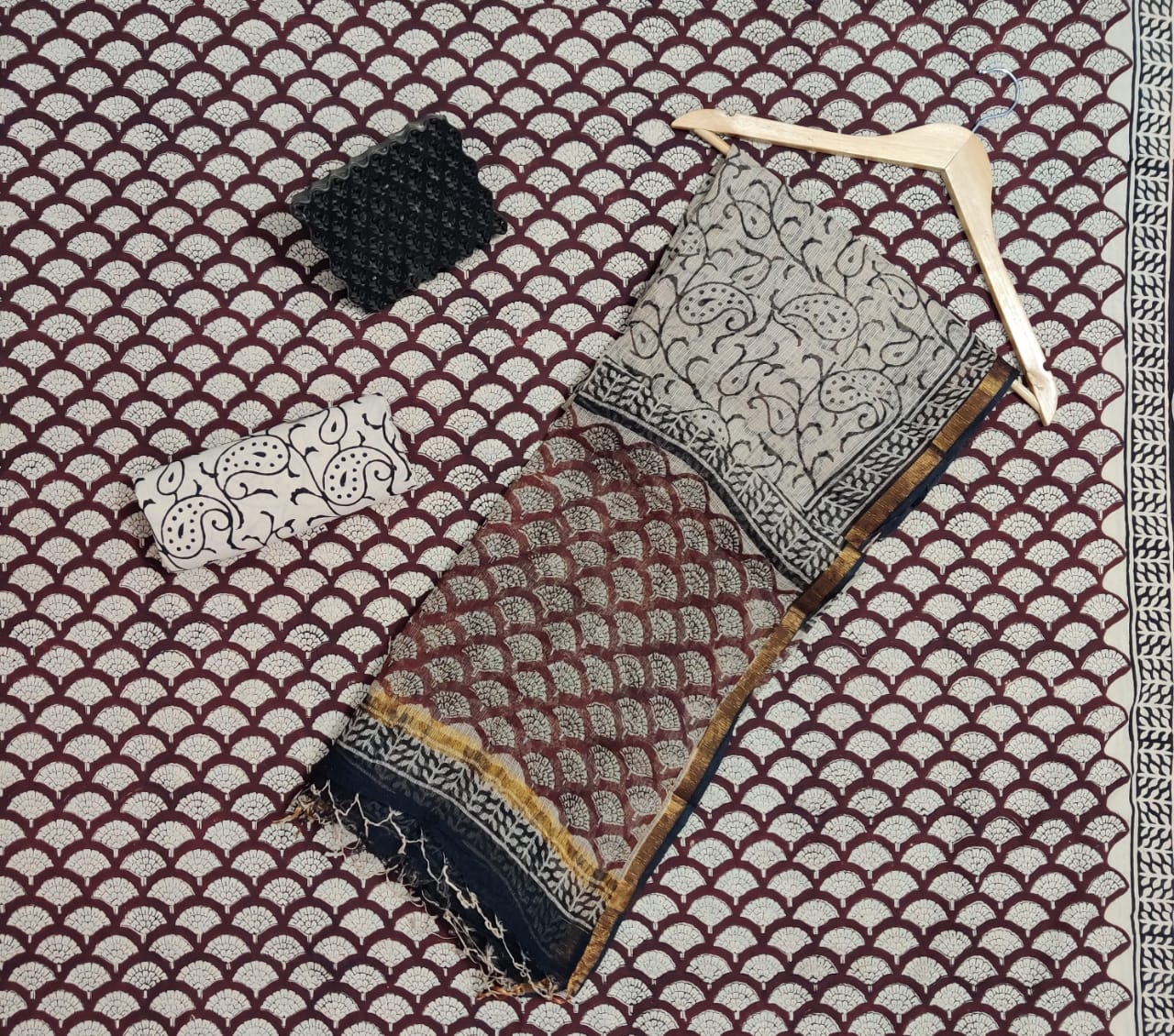 Hand Block Printed Cotton Suits With Pure Kota Doriya With Zari Border Dupatta