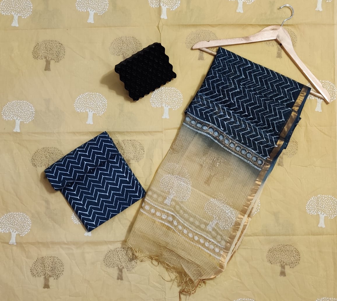 Hand Block Printed Cotton Suits With Pure Kota Doriya With Zari Border Dupatta