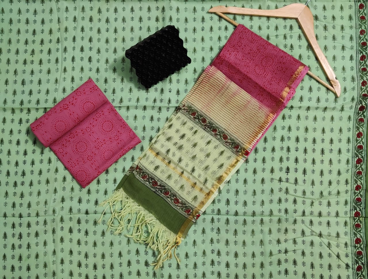 Hand Block Printed Cotton Suits With Pure Kota Doriya With Zari Border Dupatta